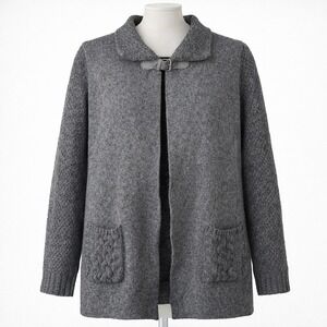 Chiaramente Wool Gray Cable Knit Cardigan Sweater Pockets L Rustic Cottagecore